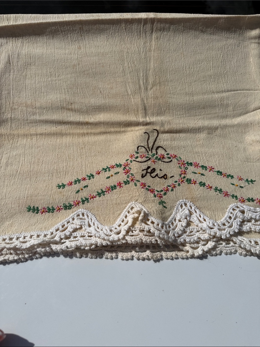 Embroidered Cream Cotton Sheet with Crochet Lace Trim - Monogram Detail